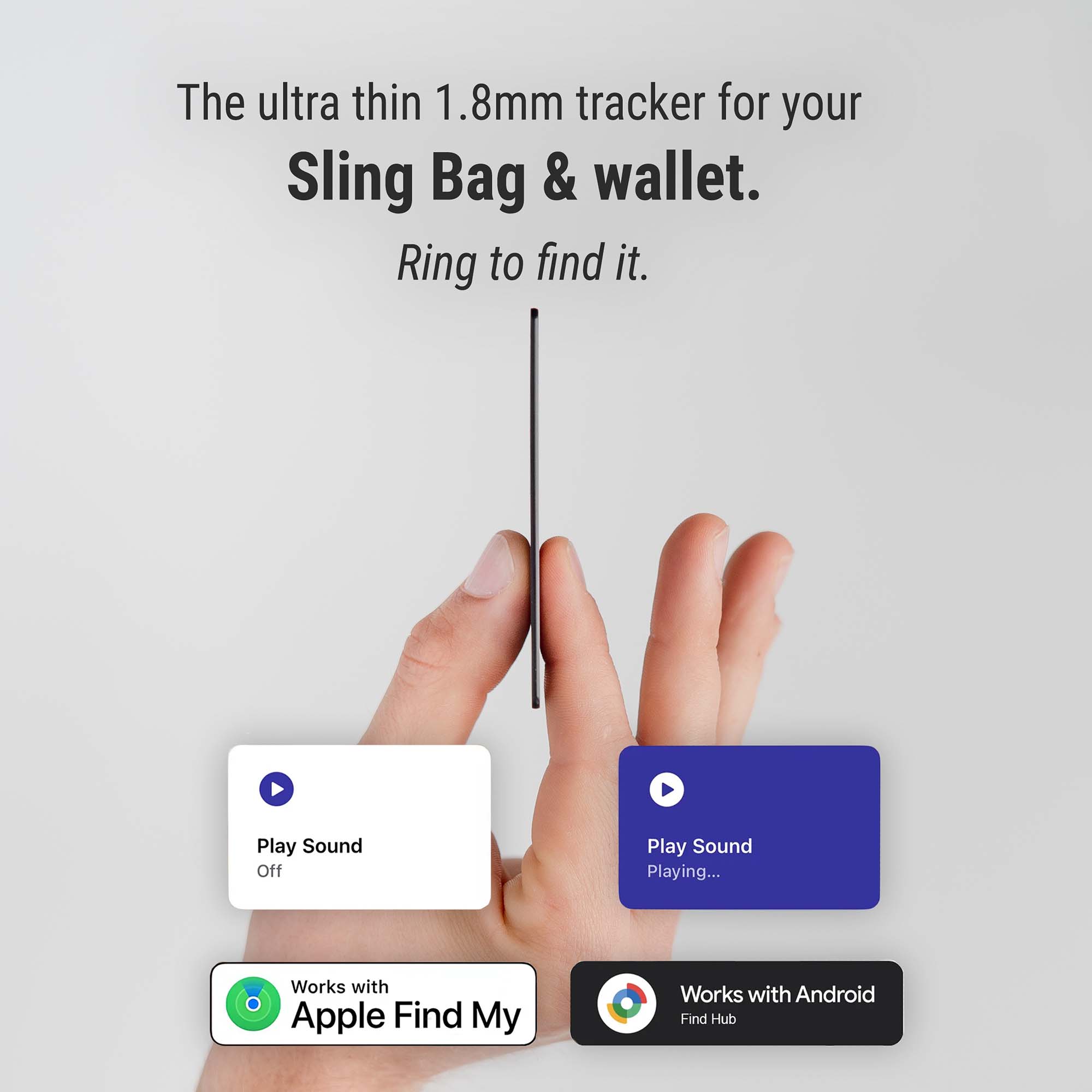 Ultra-thin 1.8mm tracker for sling bag and wallet with hand holding it and app icons displayed.