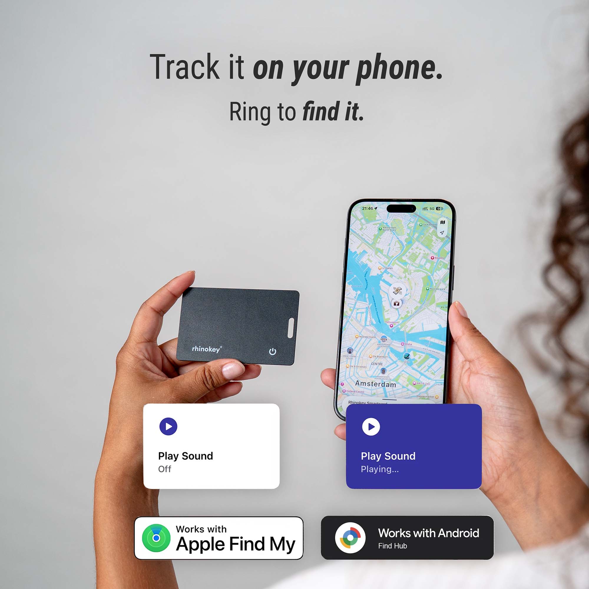 Person holding a phone with a map app open, showing a tracking device, and text about tracking on a phone.