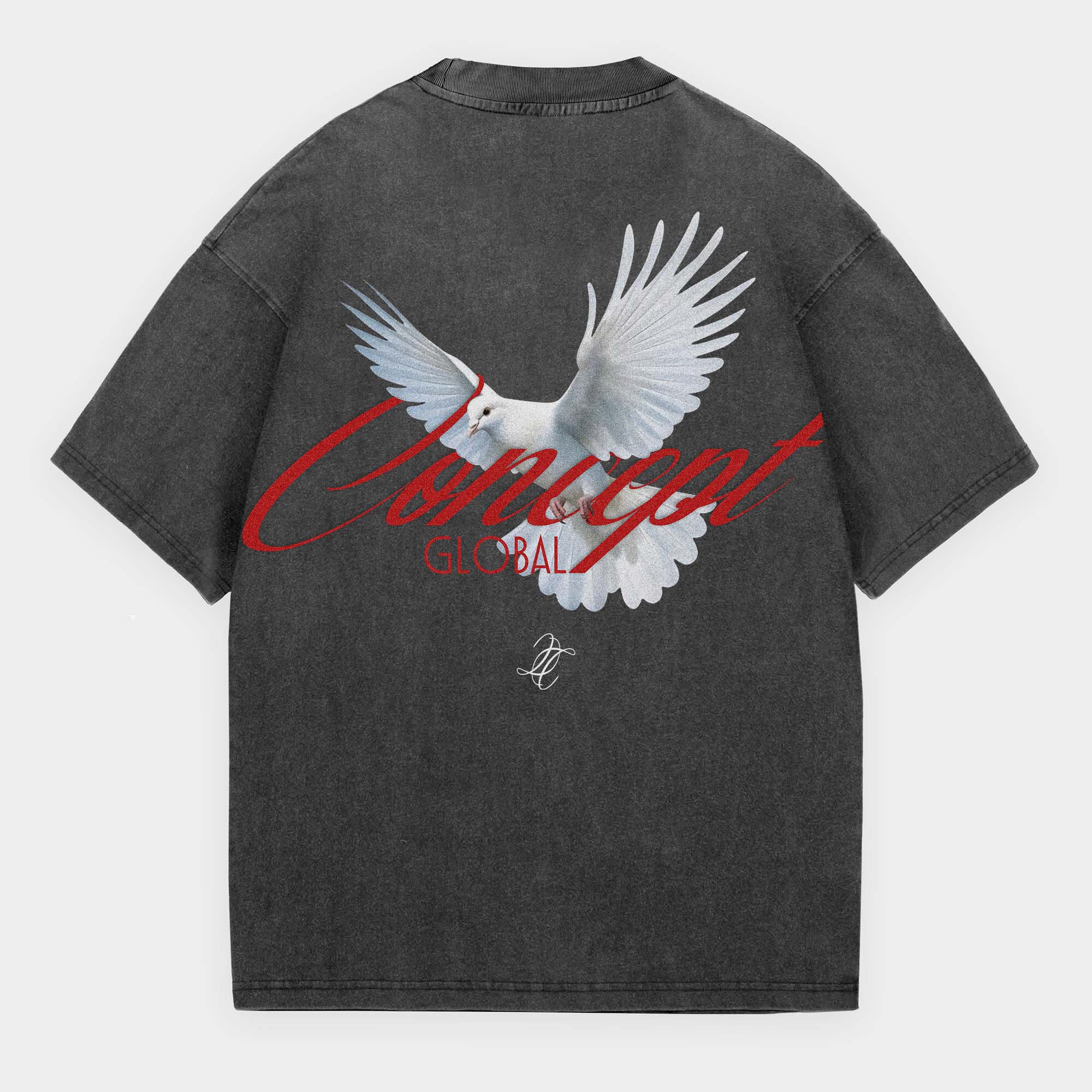 Black t-shirt with a white dove and red text on a gray background
