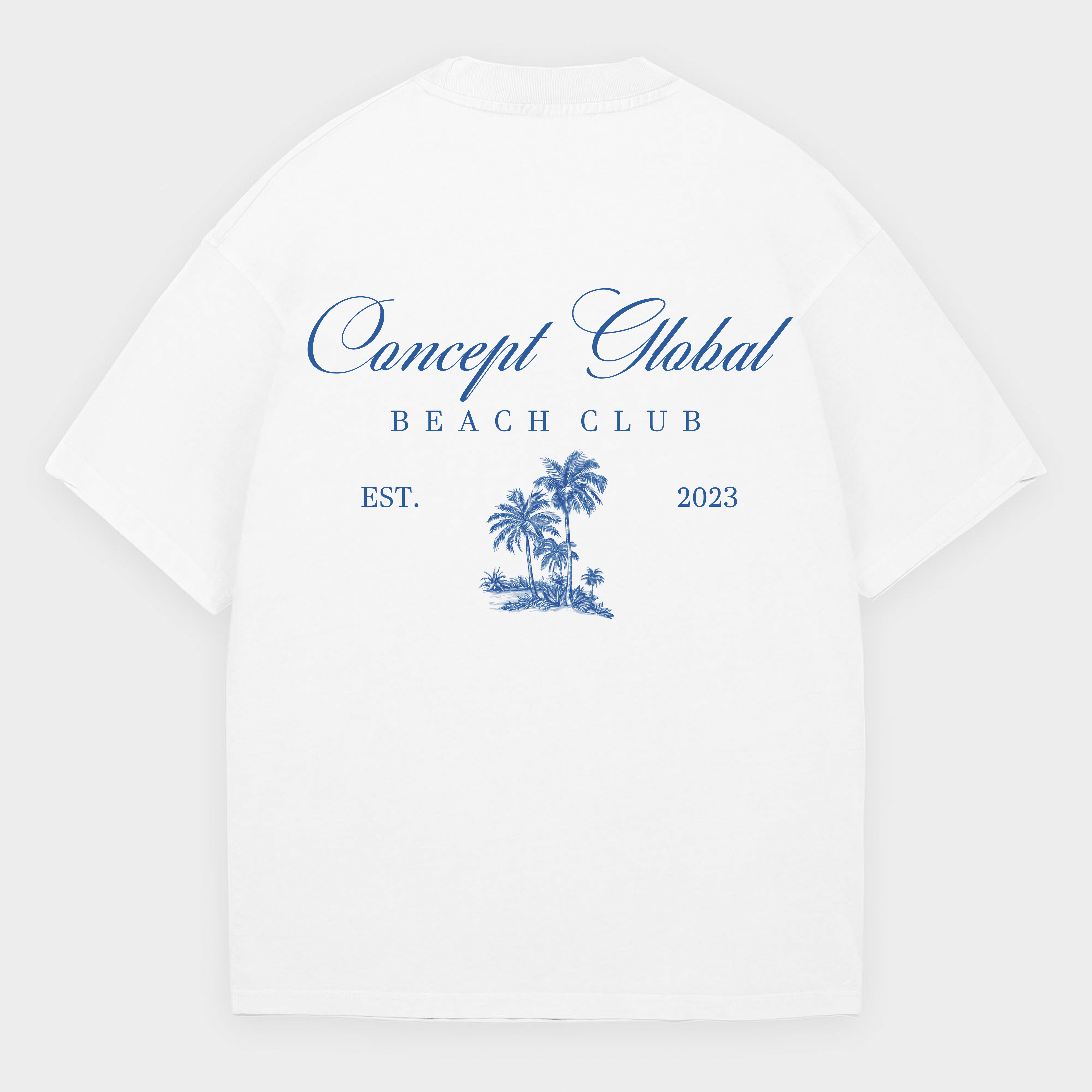 White t-shirt with blue text and palm tree design on a white background