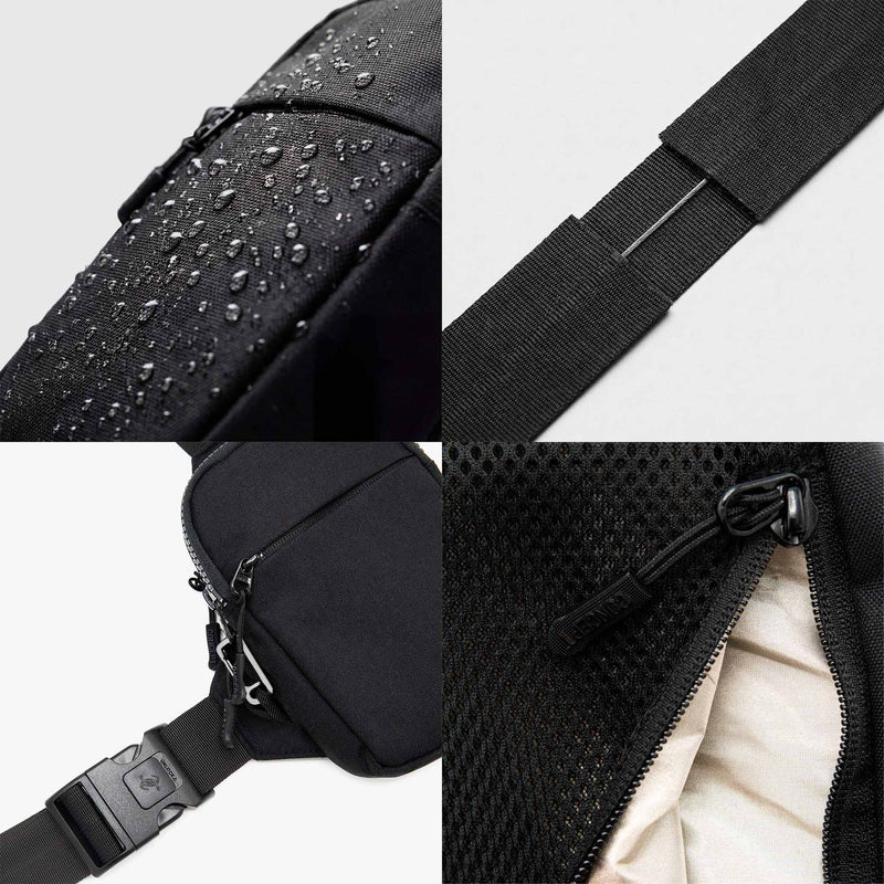 Security: locked zippers, RFID, cut-resistant strap